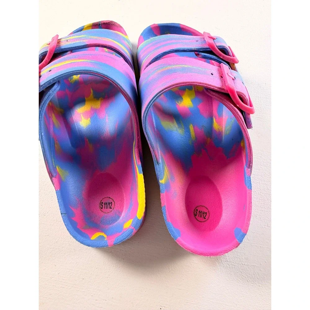 Sandals Kids S 11/12 Pink Blue Tie Dye Y2K Double Buckle Slides